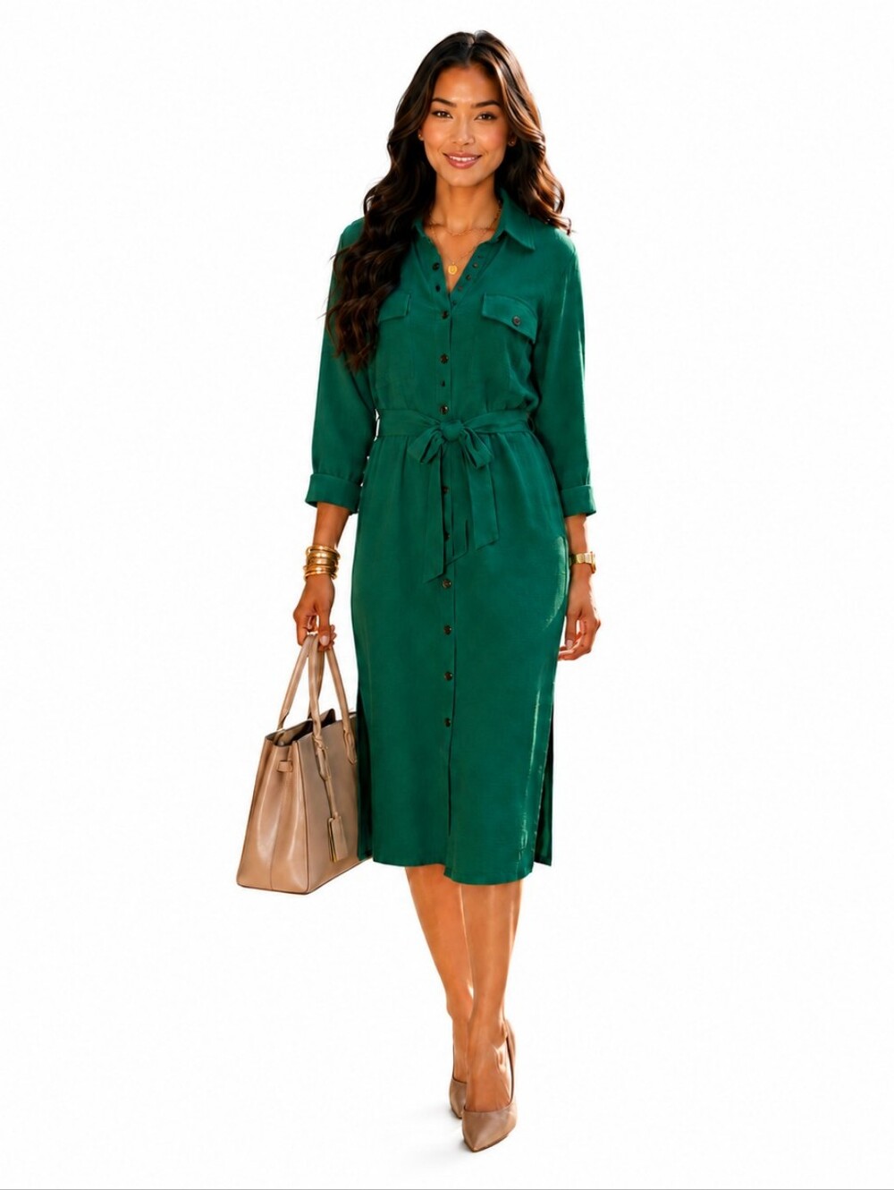 DKNY Women's Green Button Front Shirt Dress Belted Long Sleeve Size 14 NWT